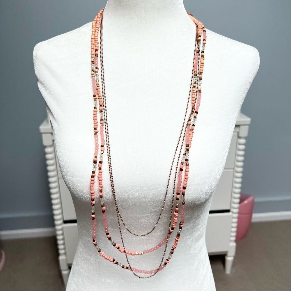 Multistrand pink beaded chain necklace